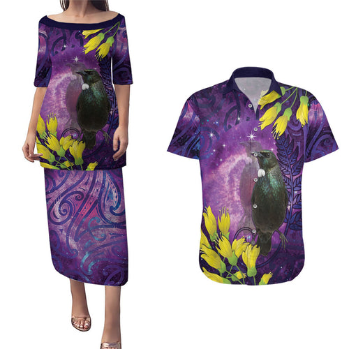 New Zealand Tui Bird Matariki Couples Matching Puletasi and Hawaiian Shirt Kowhai Flower Silver Fern Galaxy Maori Pattern