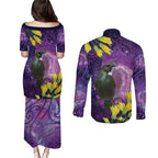New Zealand Tui Bird Matariki Couples Matching Puletasi and Long Sleeve Button Shirt Kowhai Flower Silver Fern Galaxy Maori Pattern