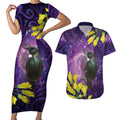 New Zealand Tui Bird Matariki Couples Matching Short Sleeve Bodycon Dress and Hawaiian Shirt Kowhai Flower Silver Fern Galaxy Maori Pattern
