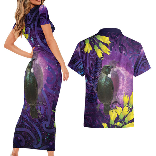 New Zealand Tui Bird Matariki Couples Matching Short Sleeve Bodycon Dress and Hawaiian Shirt Kowhai Flower Silver Fern Galaxy Maori Pattern