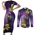 New Zealand Tui Bird Matariki Couples Matching Short Sleeve Bodycon Dress and Long Sleeve Button Shirt Kowhai Flower Silver Fern Galaxy Maori Pattern