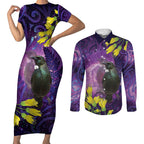 New Zealand Tui Bird Matariki Couples Matching Short Sleeve Bodycon Dress and Long Sleeve Button Shirt Kowhai Flower Silver Fern Galaxy Maori Pattern