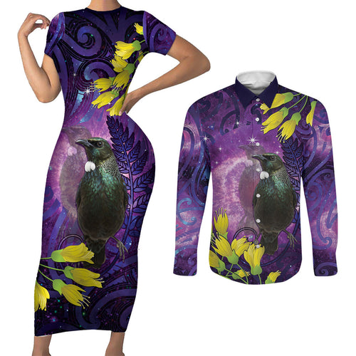 New Zealand Tui Bird Matariki Couples Matching Short Sleeve Bodycon Dress and Long Sleeve Button Shirt Kowhai Flower Silver Fern Galaxy Maori Pattern