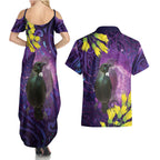 New Zealand Tui Bird Matariki Couples Matching Summer Maxi Dress and Hawaiian Shirt Kowhai Flower Silver Fern Galaxy Maori Pattern