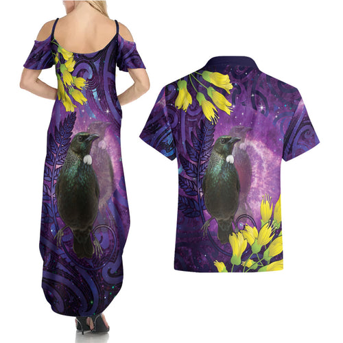 New Zealand Tui Bird Matariki Couples Matching Summer Maxi Dress and Hawaiian Shirt Kowhai Flower Silver Fern Galaxy Maori Pattern