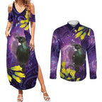 New Zealand Tui Bird Matariki Couples Matching Summer Maxi Dress and Long Sleeve Button Shirt Kowhai Flower Silver Fern Galaxy Maori Pattern