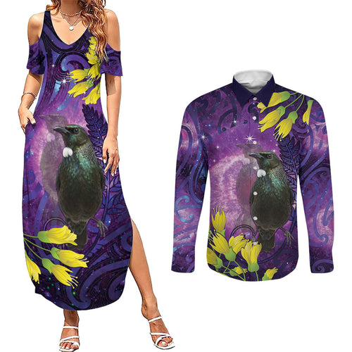 New Zealand Tui Bird Matariki Couples Matching Summer Maxi Dress and Long Sleeve Button Shirt Kowhai Flower Silver Fern Galaxy Maori Pattern