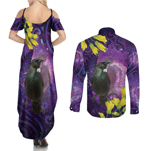 New Zealand Tui Bird Matariki Couples Matching Summer Maxi Dress and Long Sleeve Button Shirt Kowhai Flower Silver Fern Galaxy Maori Pattern