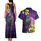 New Zealand Tui Bird Matariki Couples Matching Tank Maxi Dress and Hawaiian Shirt Kowhai Flower Silver Fern Galaxy Maori Pattern