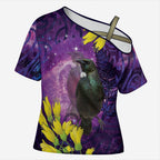 New Zealand Tui Bird Matariki Cross Shoulder Shirt Kowhai Flower Silver Fern Galaxy Maori Pattern