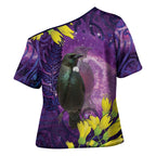 New Zealand Tui Bird Matariki Cross Shoulder Shirt Kowhai Flower Silver Fern Galaxy Maori Pattern
