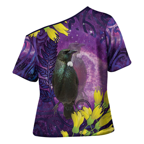 New Zealand Tui Bird Matariki Cross Shoulder Shirt Kowhai Flower Silver Fern Galaxy Maori Pattern