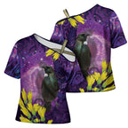 New Zealand Tui Bird Matariki Cross Shoulder Shirt Kowhai Flower Silver Fern Galaxy Maori Pattern