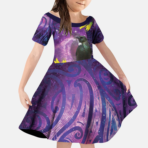 New Zealand Tui Bird Matariki Family Matching Long Sleeve Bodycon Dress and Hawaiian Shirt Kowhai Flower Silver Fern Galaxy Maori Pattern