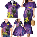 New Zealand Tui Bird Matariki Family Matching Mermaid Dress and Hawaiian Shirt Kowhai Flower Silver Fern Galaxy Maori Pattern