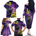New Zealand Tui Bird Matariki Family Matching Off The Shoulder Long Sleeve Dress and Hawaiian Shirt Kowhai Flower Silver Fern Galaxy Maori Pattern