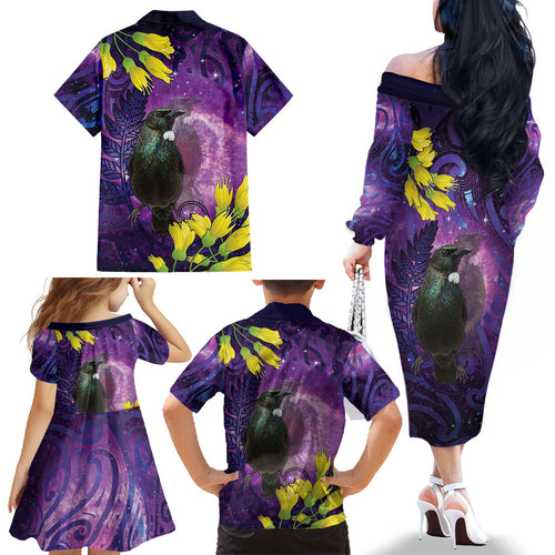 New Zealand Tui Bird Matariki Family Matching Off The Shoulder Long Sleeve Dress and Hawaiian Shirt Kowhai Flower Silver Fern Galaxy Maori Pattern