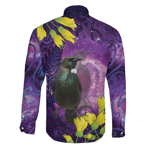 New Zealand Tui Bird Matariki Family Matching Off The Shoulder Long Sleeve Dress and Hawaiian Shirt Kowhai Flower Silver Fern Galaxy Maori Pattern