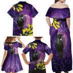 New Zealand Tui Bird Matariki Family Matching Off Shoulder Maxi Dress and Hawaiian Shirt Kowhai Flower Silver Fern Galaxy Maori Pattern