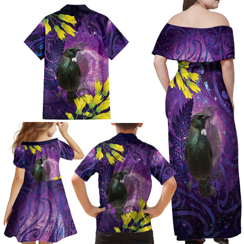 New Zealand Tui Bird Matariki Family Matching Off Shoulder Maxi Dress and Hawaiian Shirt Kowhai Flower Silver Fern Galaxy Maori Pattern