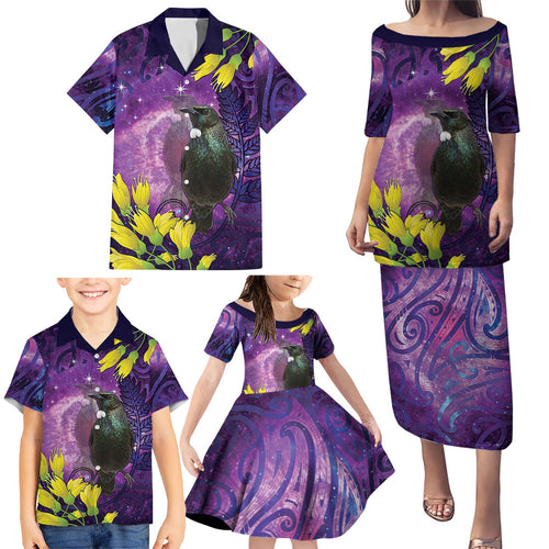 New Zealand Tui Bird Matariki Family Matching Puletasi and Hawaiian Shirt Kowhai Flower Silver Fern Galaxy Maori Pattern