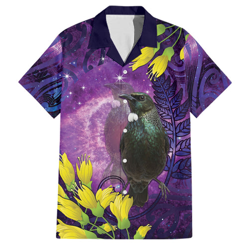 New Zealand Tui Bird Matariki Family Matching Puletasi and Hawaiian Shirt Kowhai Flower Silver Fern Galaxy Maori Pattern