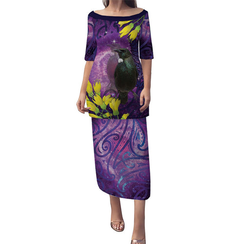 New Zealand Tui Bird Matariki Family Matching Puletasi and Hawaiian Shirt Kowhai Flower Silver Fern Galaxy Maori Pattern