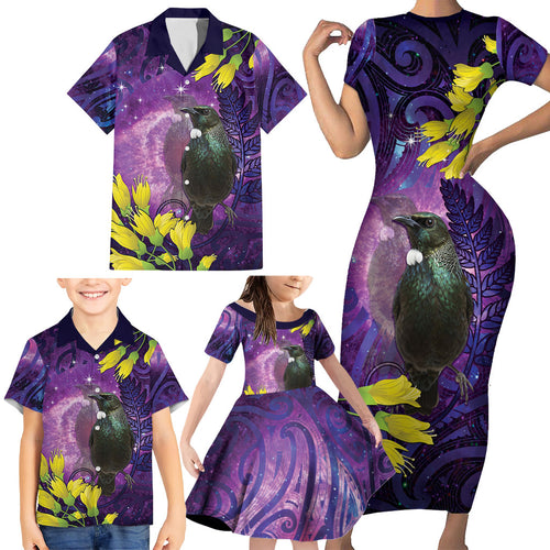 New Zealand Tui Bird Matariki Family Matching Short Sleeve Bodycon Dress and Hawaiian Shirt Kowhai Flower Silver Fern Galaxy Maori Pattern
