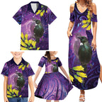 New Zealand Tui Bird Matariki Family Matching Summer Maxi Dress and Hawaiian Shirt Kowhai Flower Silver Fern Galaxy Maori Pattern