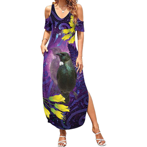 New Zealand Tui Bird Matariki Family Matching Summer Maxi Dress and Hawaiian Shirt Kowhai Flower Silver Fern Galaxy Maori Pattern