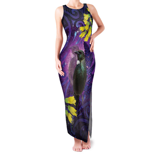 New Zealand Tui Bird Matariki Family Matching Tank Maxi Dress and Hawaiian Shirt Kowhai Flower Silver Fern Galaxy Maori Pattern