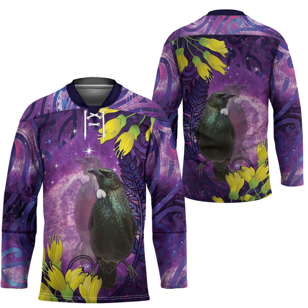 New Zealand Tui Bird Matariki Hockey Jersey Kowhai Flower Silver Fern Galaxy Maori Pattern