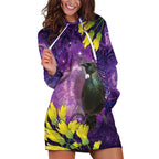 New Zealand Tui Bird Matariki Hoodie Dress Kowhai Flower Silver Fern Galaxy Maori Pattern