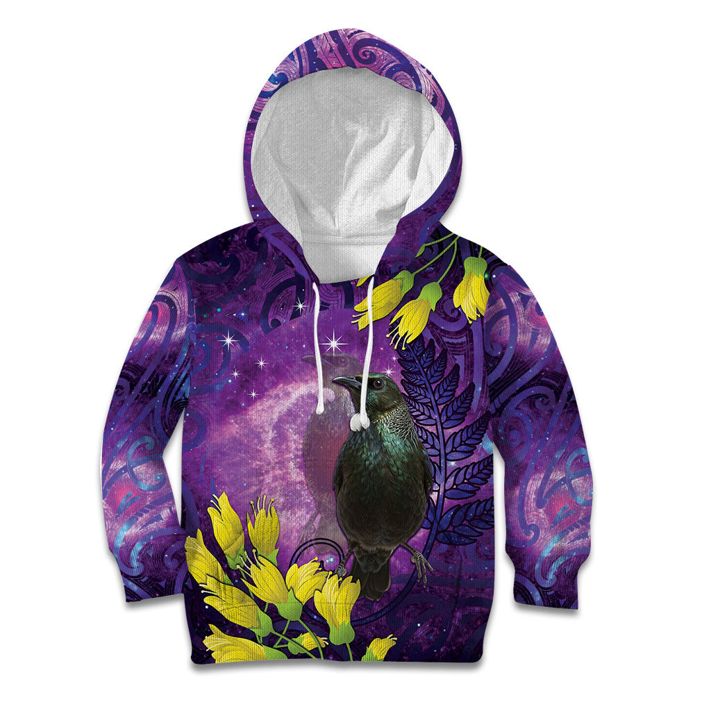 New Zealand Tui Bird Matariki Kid Hoodie Kowhai Flower Silver Fern Galaxy Maori Pattern