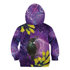 New Zealand Tui Bird Matariki Kid Hoodie Kowhai Flower Silver Fern Galaxy Maori Pattern