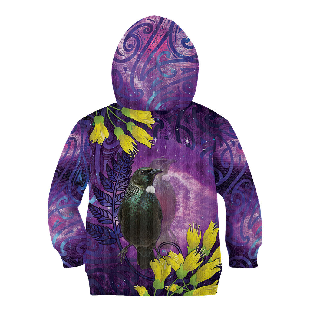 New Zealand Tui Bird Matariki Kid Hoodie Kowhai Flower Silver Fern Galaxy Maori Pattern