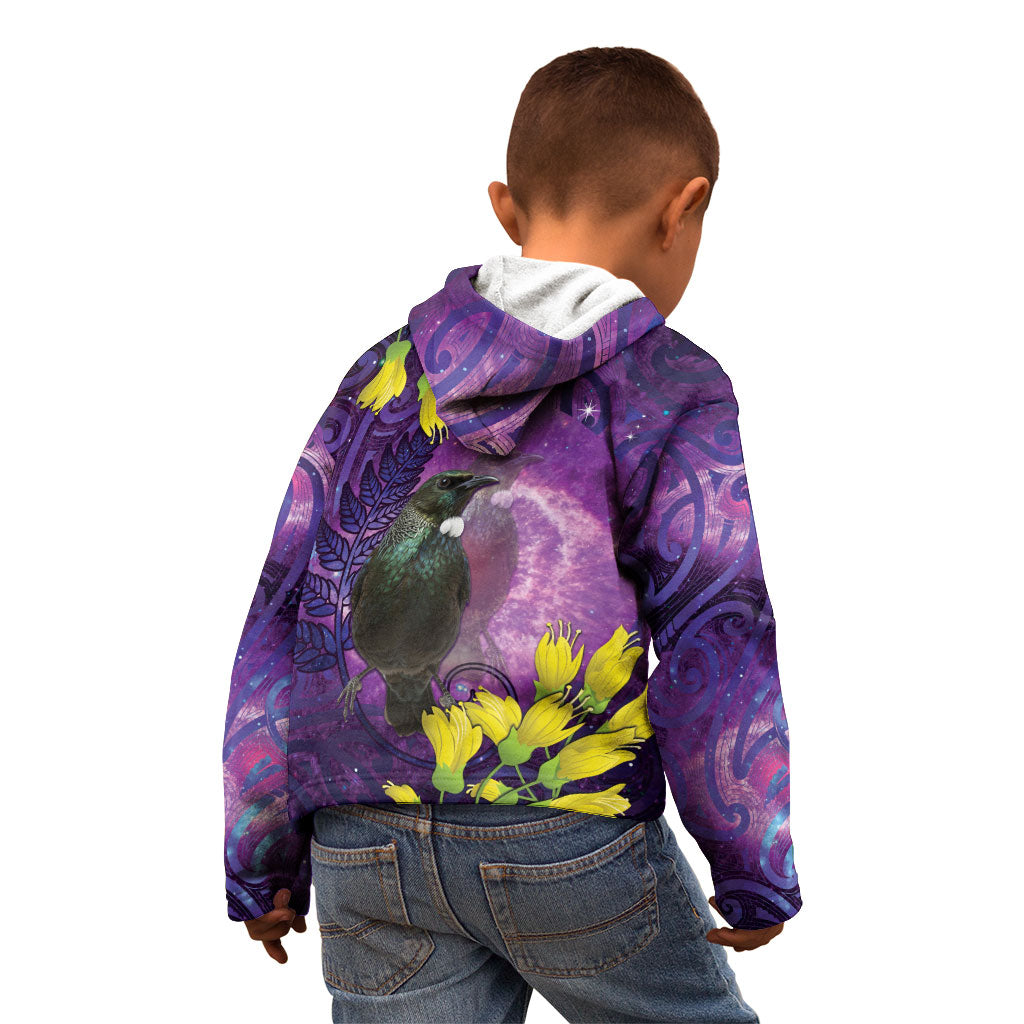New Zealand Tui Bird Matariki Kid Hoodie Kowhai Flower Silver Fern Galaxy Maori Pattern