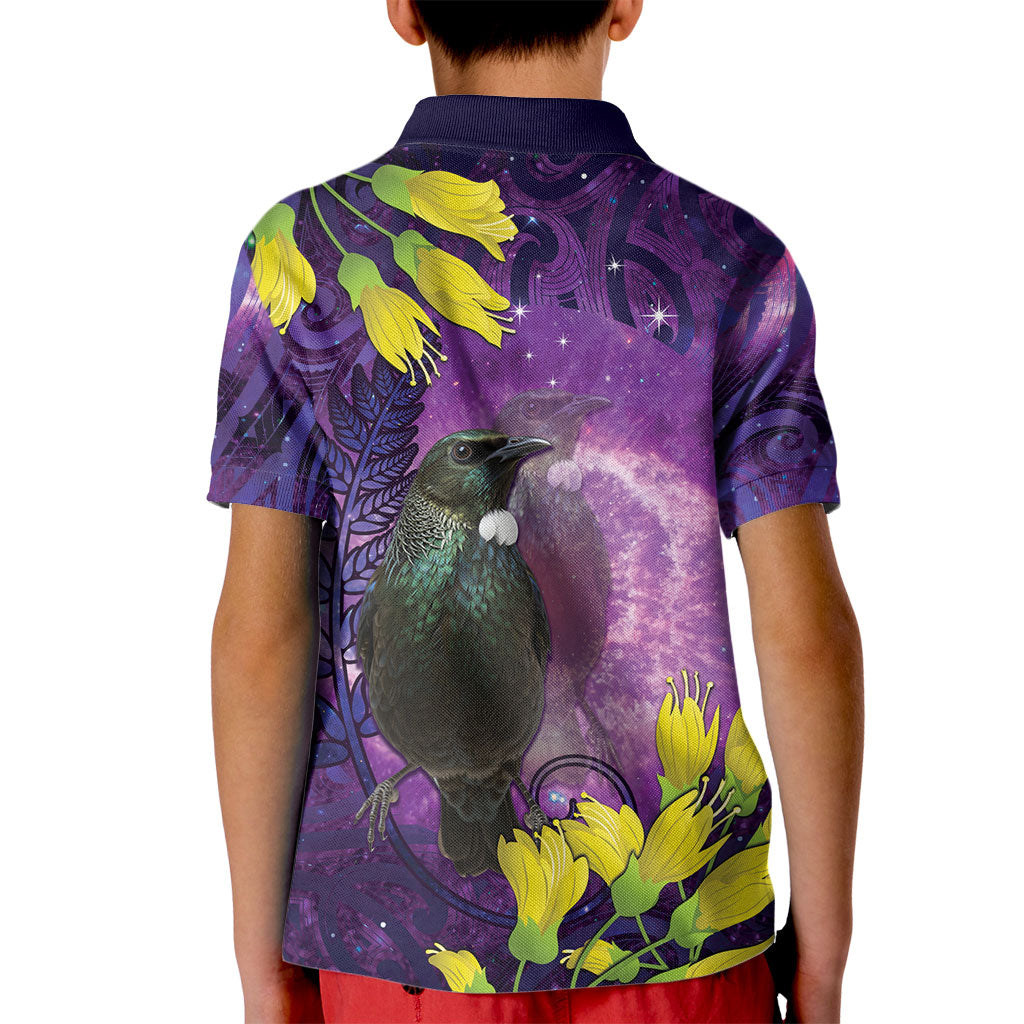 New Zealand Tui Bird Matariki Kid Polo Shirt Kowhai Flower Silver Fern Galaxy Maori Pattern