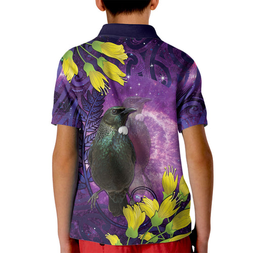 New Zealand Tui Bird Matariki Kid Polo Shirt Kowhai Flower Silver Fern Galaxy Maori Pattern