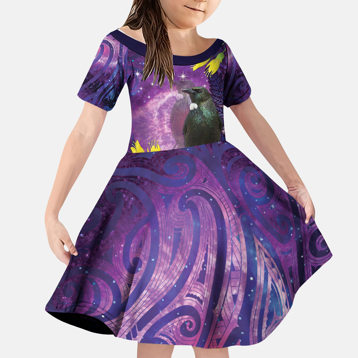 New Zealand Tui Bird Matariki Kid Short Sleeve Dress Kowhai Flower Silver Fern Galaxy Maori Pattern