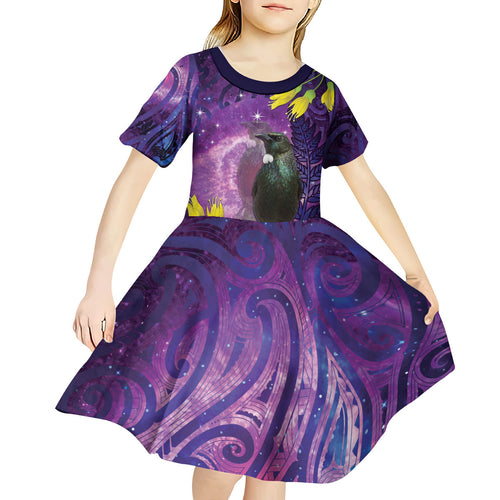 New Zealand Tui Bird Matariki Kid Short Sleeve Dress Kowhai Flower Silver Fern Galaxy Maori Pattern