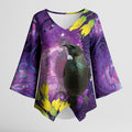 New Zealand Tui Bird Matariki Kimono Sleeve Blouse Kowhai Flower Silver Fern Galaxy Maori Pattern