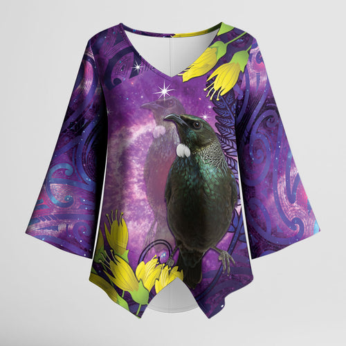 New Zealand Tui Bird Matariki Kimono Sleeve Blouse Kowhai Flower Silver Fern Galaxy Maori Pattern