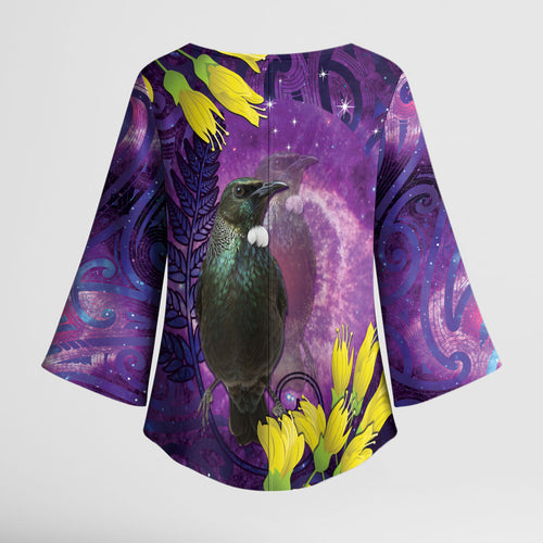 New Zealand Tui Bird Matariki Kimono Sleeve Blouse Kowhai Flower Silver Fern Galaxy Maori Pattern