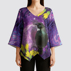 New Zealand Tui Bird Matariki Kimono Sleeve Blouse Kowhai Flower Silver Fern Galaxy Maori Pattern