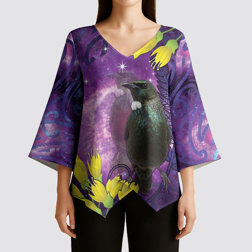 New Zealand Tui Bird Matariki Kimono Sleeve Blouse Kowhai Flower Silver Fern Galaxy Maori Pattern