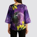 New Zealand Tui Bird Matariki Kimono Sleeve Blouse Kowhai Flower Silver Fern Galaxy Maori Pattern