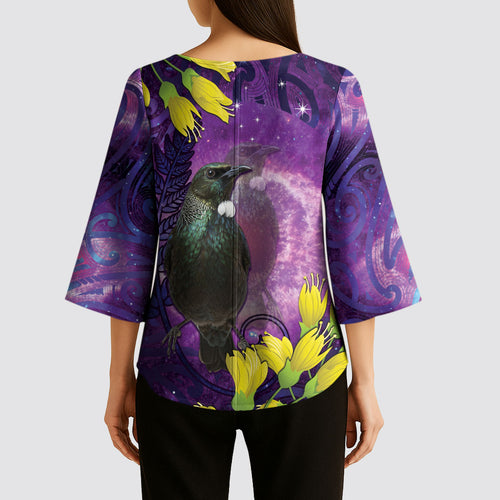 New Zealand Tui Bird Matariki Kimono Sleeve Blouse Kowhai Flower Silver Fern Galaxy Maori Pattern