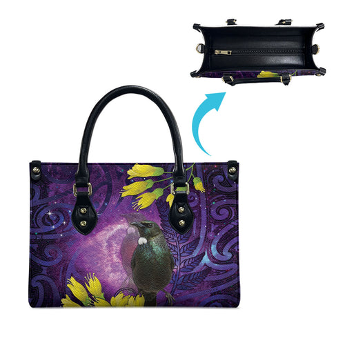 New Zealand Tui Bird Matariki Leather Bag Kowhai Flower Silver Fern Galaxy Maori Pattern