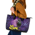 New Zealand Tui Bird Matariki Leather Tote Bag Kowhai Flower Silver Fern Galaxy Maori Pattern